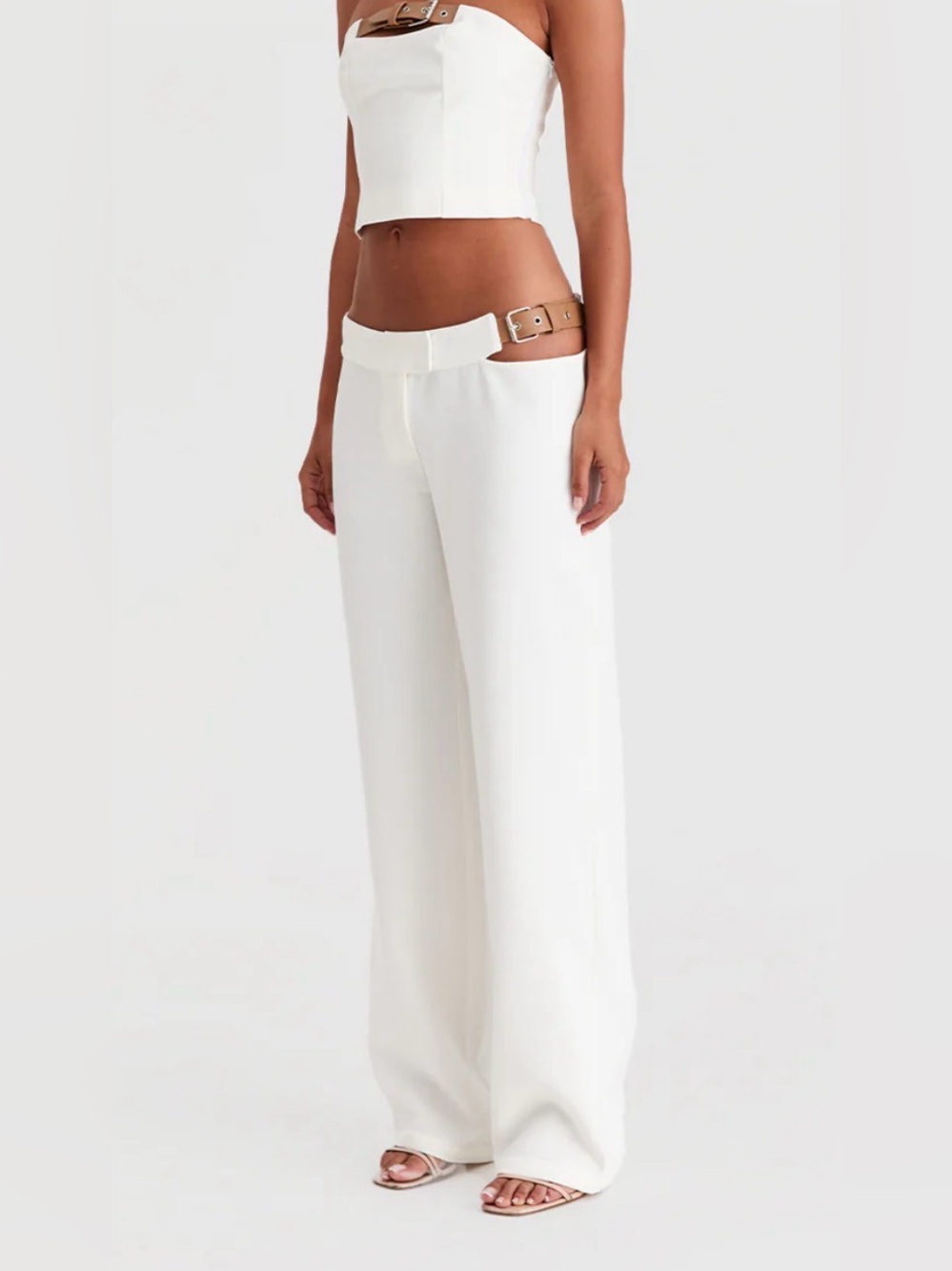 Wide Leg Cut-Out Waist Pants in White